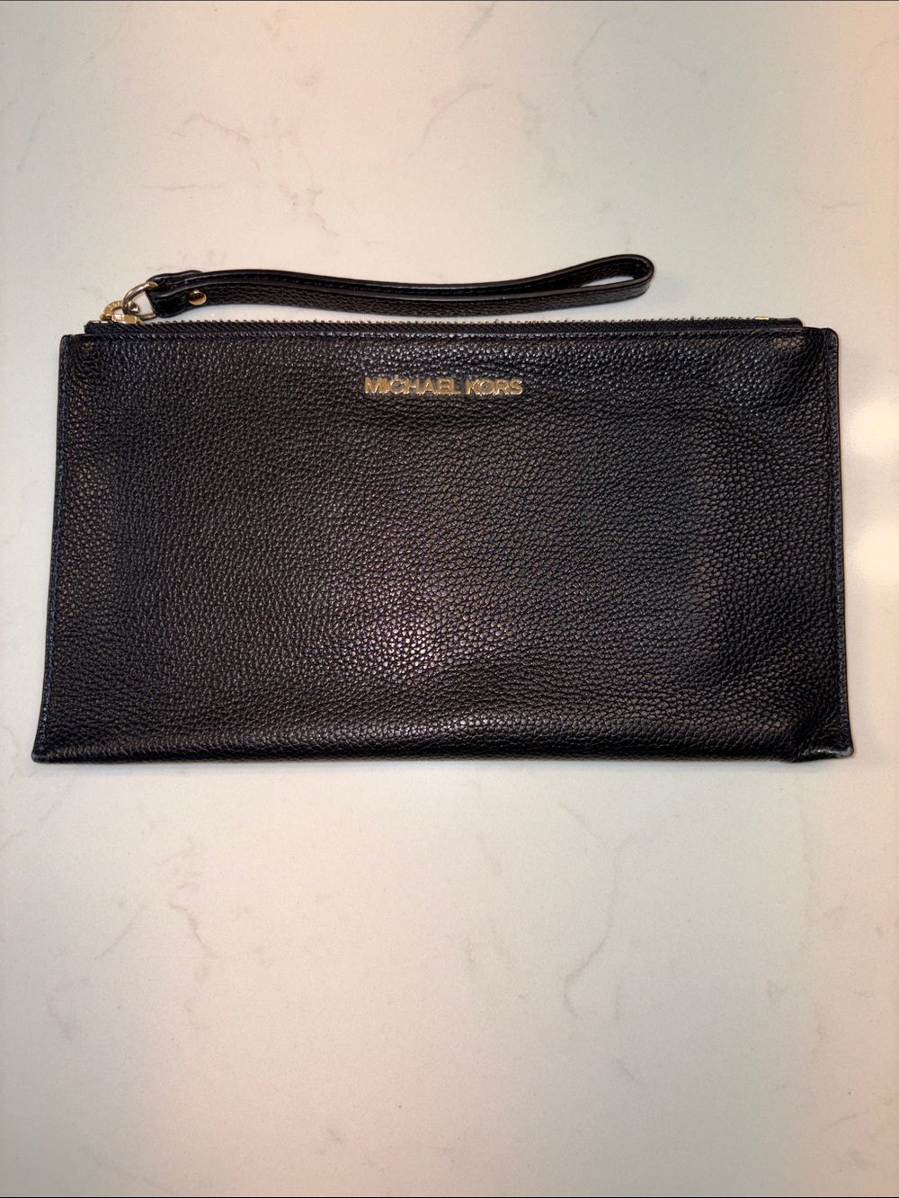 Michael Kors Black Pebbled Leather Wristlet with Gold Logo